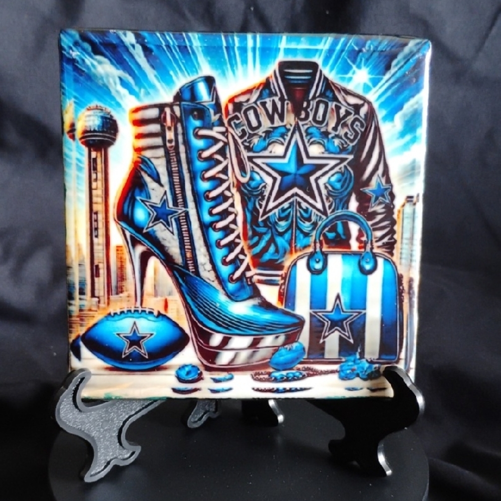 Hand Crafted Blue and White Cowboys Ceramic Art